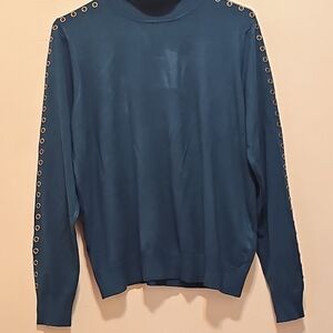 Joseph A Teal Blue Turtleneck Sweater with Grommet-Trim Sleeves